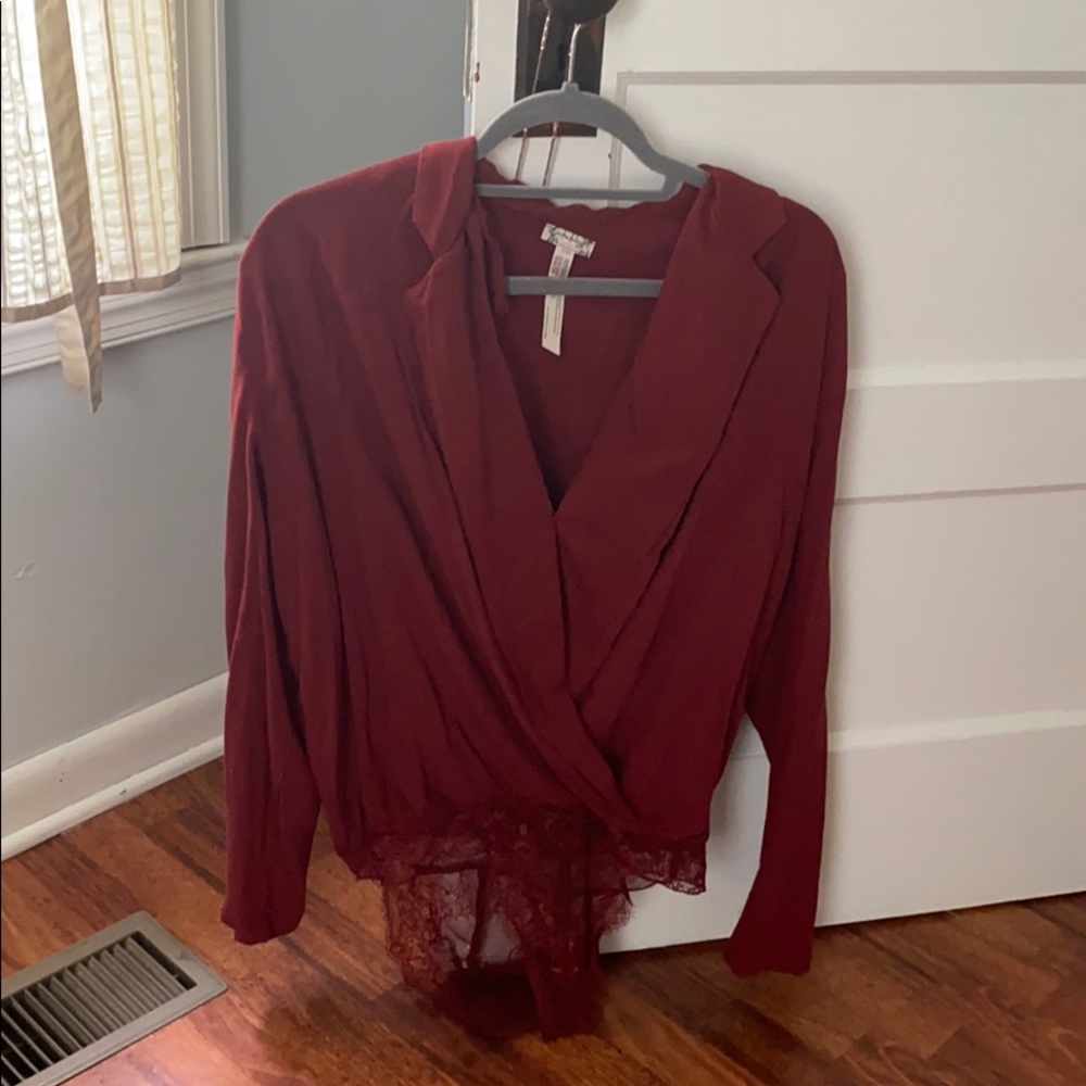 FREE PEOPLE Red Long Sleeve Bodysuit Low Cut